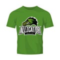 Furious alligator sport vector logo concept isolated on green t-shirt mockup.