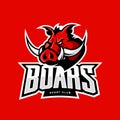 Furious boar sport club vector logo concept isolated on red background.