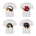 Furious boar, wolf, panther and eagle head sport vector logo concept set isolated on color t-shirt mockup.