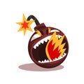 Furious bomb with burning wick. Funny emoticon in flat style. Vector design element for mobile app, social network