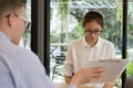 Furious boss scolding frustrated woman at office. irritated man Royalty Free Stock Photo