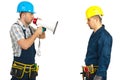 Furious boss shouting megaphone to employee Royalty Free Stock Photo