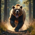 Furious brown bear charges directly at camera through sunlit forest path. Mouth wide open, baring sharp teeth, aggressive growl. Royalty Free Stock Photo