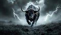Furious bull charging through storm with lightning in dramatic landscape Royalty Free Stock Photo