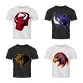 Furious bull, rhino, cobra and eagle head sport vector logo concept set isolated on t-shirt mockup.