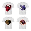 Furious bull, rhino, cobra and eagle head sport vector logo concept set isolated on t-shirt mockup.