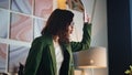 Furious business woman arguing throwing papers standing modern office close up.