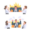 Furious Chief Screaming and Yelling in Anger at Scared Employee Vector Set