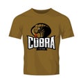 Furious cobra sport vector logo concept isolated on khaki t-shirt mockup.
