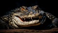 Furious crocodile with open mouth threatens in dark swamp generated by AI