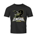 Furious dinosaur sport club vector logo concept isolated on black t-shirt mockup.