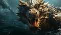 Furious dragon underwater, teeth sharp, evil eyes, mysterious and dangerous generated by AI