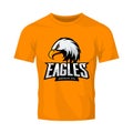 Furious eagle sport vector logo concept isolated on orange t-shirt mockup.