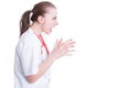 Furious female doctor model screaming with mouth wide open Royalty Free Stock Photo