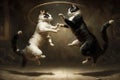 Furious fluffy cats in fighting in the boxing stadium isolated vintage color.