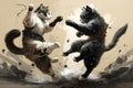 Furious fluffy cats in fighting in the boxing stadium isolated vintage color.