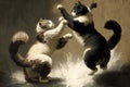 Furious fluffy cats in fighting in the boxing stadium isolated vintage color. Royalty Free Stock Photo