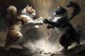 Furious fluffy cats in fighting in the boxing stadium isolated vintage color.