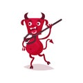 Furious funny devil with horns and tail running with trident, red demon cartoon character vector Illustration