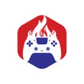 Furious gamer vector logo design. Keypad controller and fire flame vector icon design.