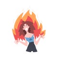 Furious Girl in Flame, Burning Fury, Rage, Stress, Burnout, Emotional Problems Cartoon Style Vector Illustration