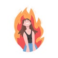 Furious Girl in Flame, Burning Fury, Stress, Burnout, Emotional Problems Concept Cartoon Style Vector Illustration