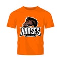 Furious horse sport club vector logo concept isolated on orange t-shirt mockup.