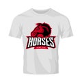 Furious horse sport club vector logo concept isolated on white t-shirt mockup.