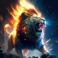 Furious lion in a fire on a dark background. 3d rendering Generative AI animal ai