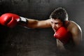 Furious man training boxing on gym with red fighting gloves throwing vicious punch Royalty Free Stock Photo