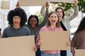 Furious mutiracial group of demonstrators protesting on the street, closeup Royalty Free Stock Photo