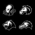 Furious octopus, bear, alligator and horse head sport vector logo concept set isolated on black background.