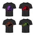 Furious octopus, bear, alligator and horse head sport vector logo concept set isolated on black t-shirt mockup.