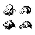 Furious octopus, bear, alligator and horse head sport vector logo concept set isolated on white background.