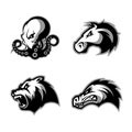 Furious octopus, bear, alligator and horse head sport vector logo concept set isolated on white background.