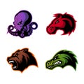 Furious octopus, bear, alligator and horse head sport vector logo concept set isolated on white background.