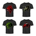 Furious piranha, ram, snake and dinosaur head sport vector logo concept set on black t-shirt mockup.