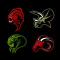 Furious piranha, ram, snake and dinosaur head sport vector logo concept set isolated on black background. Royalty Free Stock Photo