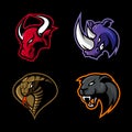 Furious rhino, bull, cobra and panther sport vector logo concept set isolated on black background. Royalty Free Stock Photo