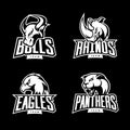 Furious rhino, bull, eagle and panther mono sport vector logo concept set isolated on dark background. Royalty Free Stock Photo