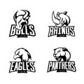 Furious rhino, bull, eagle and panther mono sport vector logo concept set isolated on white background. Royalty Free Stock Photo