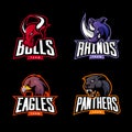 Furious rhino, bull, eagle and panther sport vector logo concept set isolated on dark background.