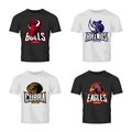 Furious rhino, bull, eagle and snake sport vector logo concept set isolated on black t-shirt mockup.