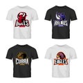 Furious rhino, bull, eagle and snake sport vector logo concept set isolated on black t-shirt mockup.