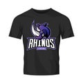 Furious rhino sport vector logo concept isolated on black t-shirt mockup.