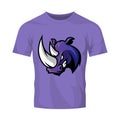 Furious rhino sport vector logo concept isolated on purple t-shirt mockup