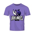 Furious rhino sport vector logo concept isolated on purple t-shirt mockup