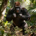 a furious silverback gorilla roaring and beating chest in dense tropical jungle Royalty Free Stock Photo