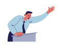 Furious speech of the figure behind the podium. A man in a blue shirt with a tie waves his hand in emotion. Vector