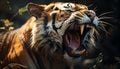 Furious tiger roaring, fierce gaze, wild beauty in nature portrait generated by AI